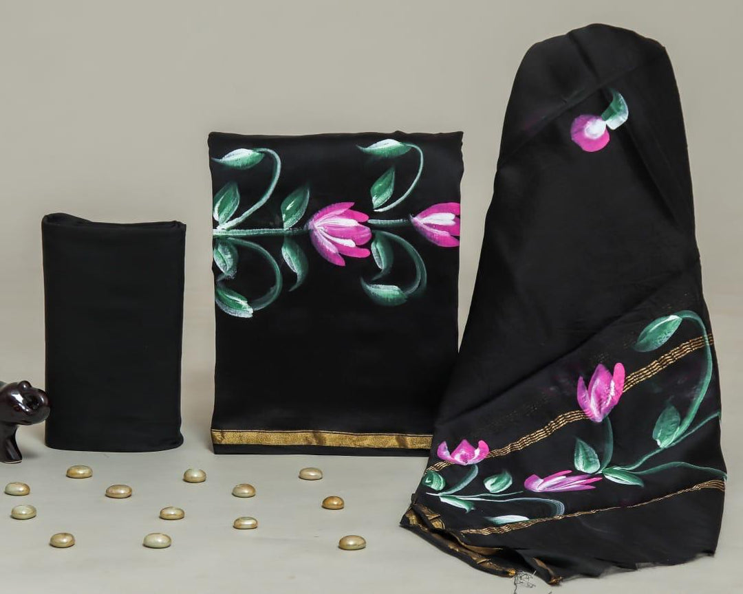 Pure Hand Block Chanderi Silk Unstitchd Suit .