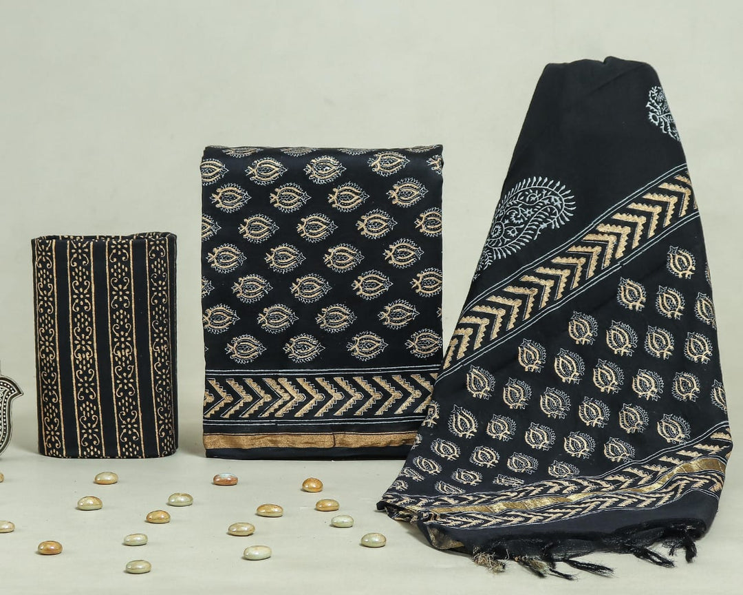 Pure Hand Block Chanderi Silk Unstitchd Suit .