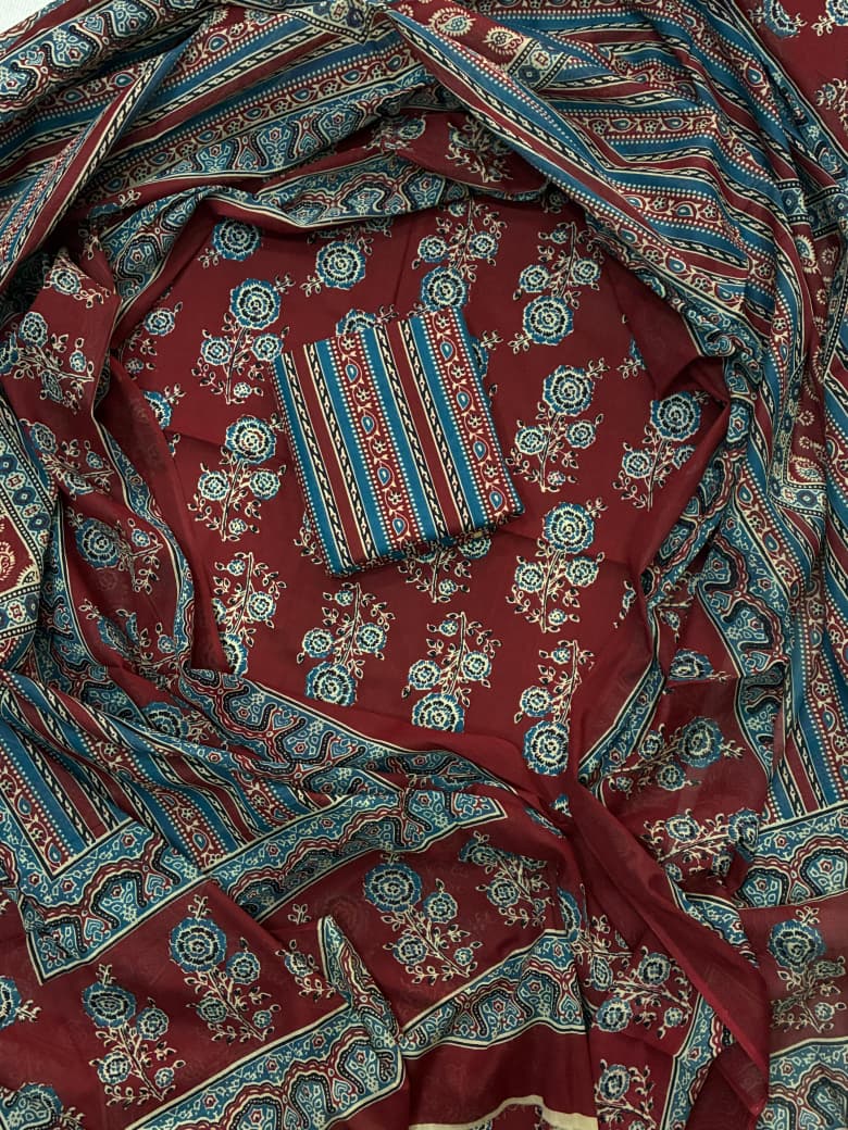 Pure Cotton Hand Block Print Unstitched Suit With Cotton Dupatta .