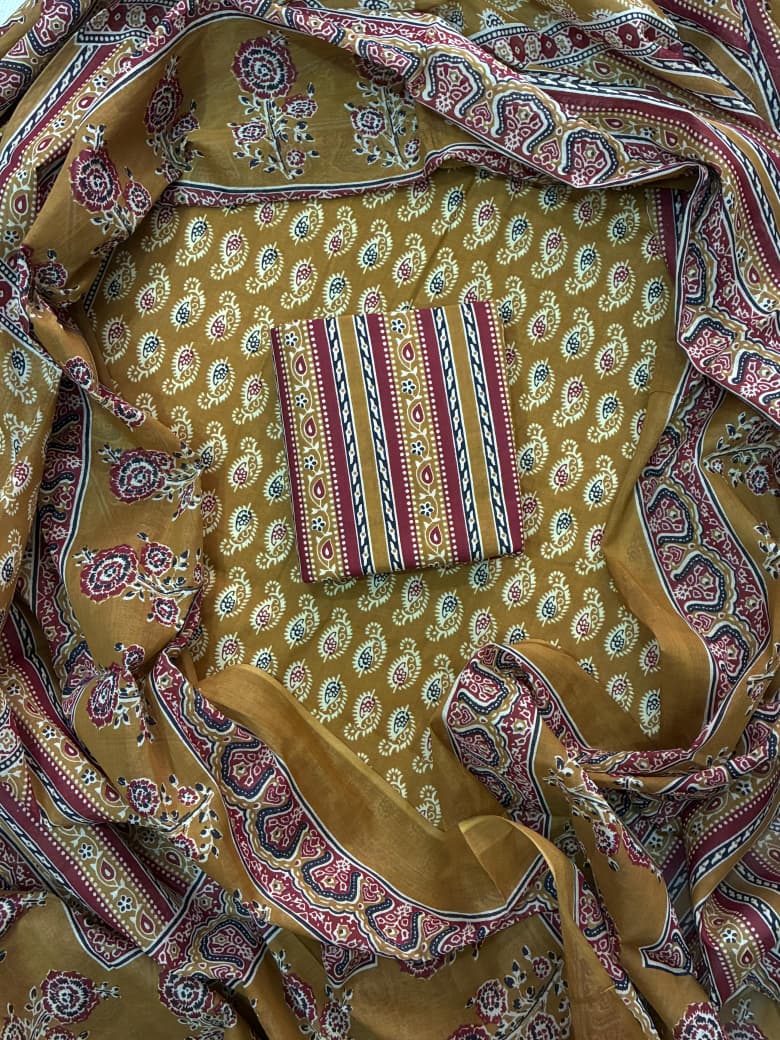 Pure Cotton Hand Block Print Unstitched Suit With Cotton Dupatta .