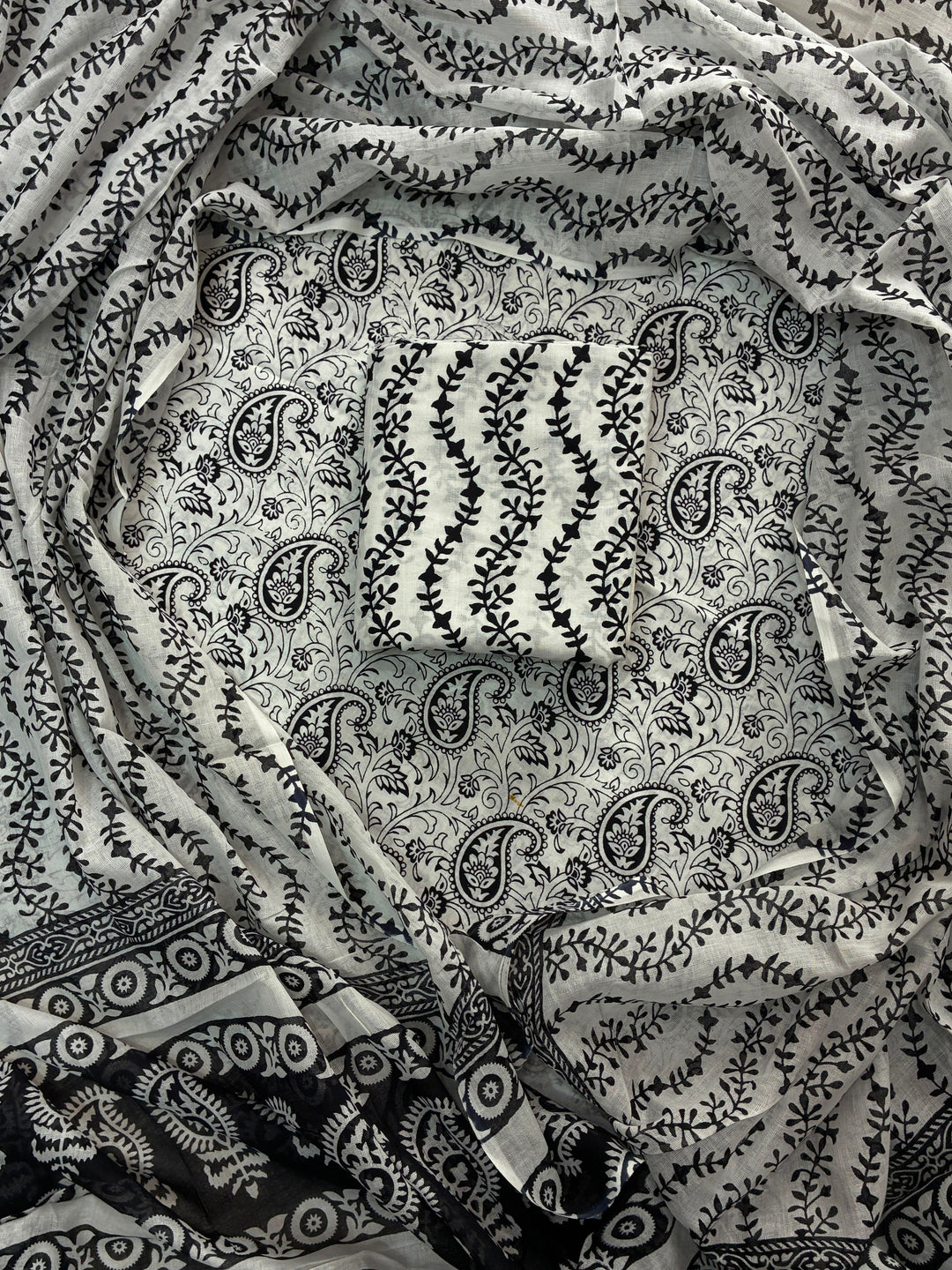 Pure Cotton Hand Block Print Unstitched Suit With Cotton Dupatta .