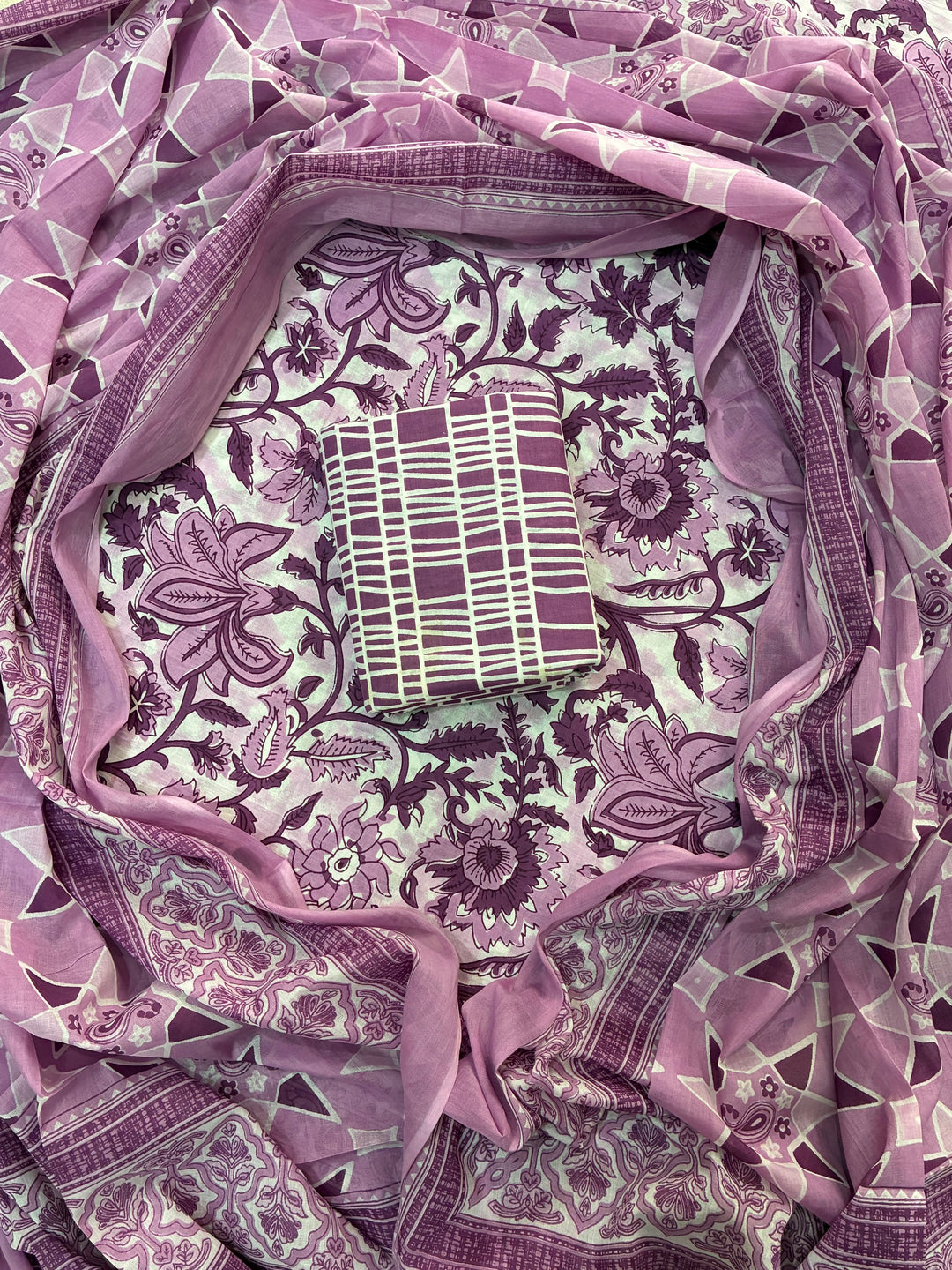 Pure Cotton Hand Block Print Unstitched Suit With Cotton Dupatta .