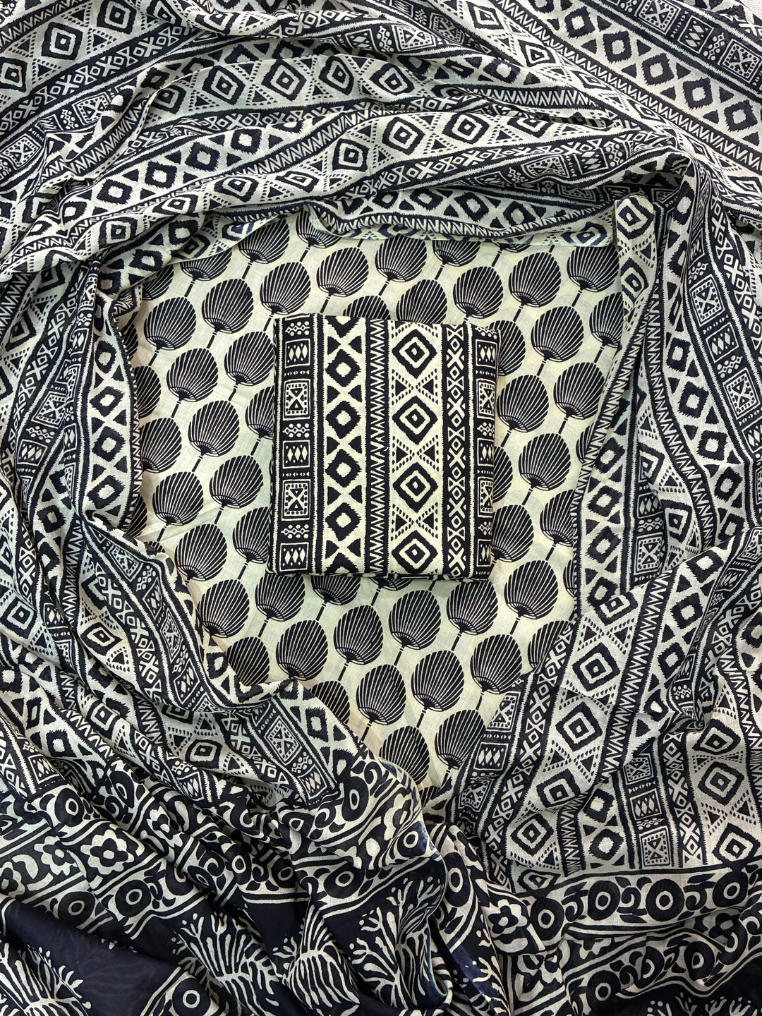 Pure Cotton Hand Block Print Unstitched Suit With Cotton Dupatta .