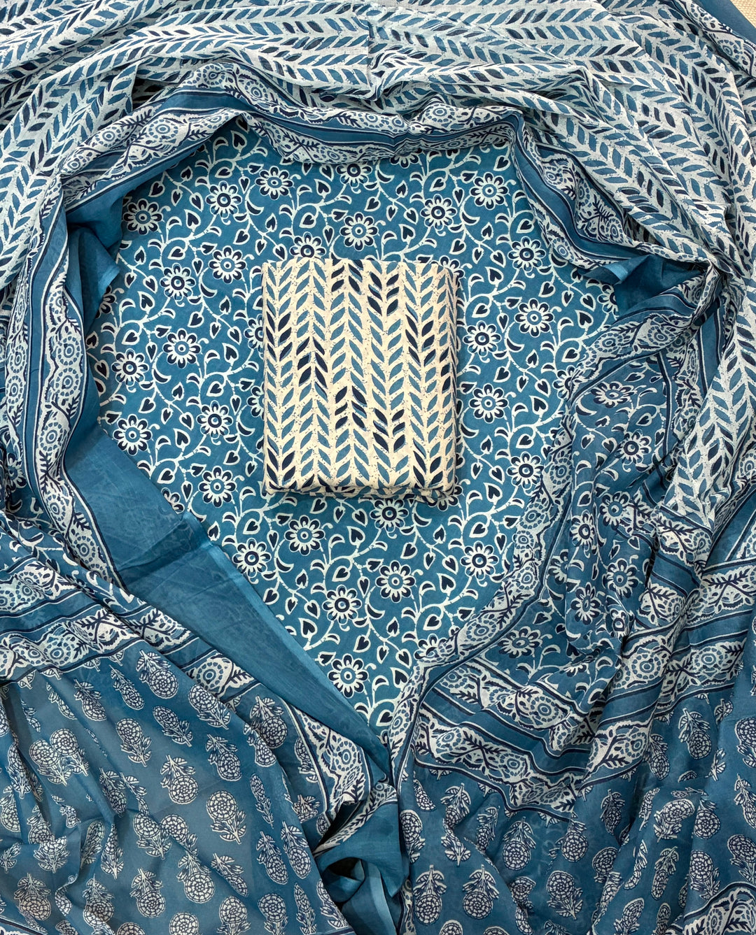 Pure Cotton Hand Block Print Unstitched Suit With Cotton Dupatta .