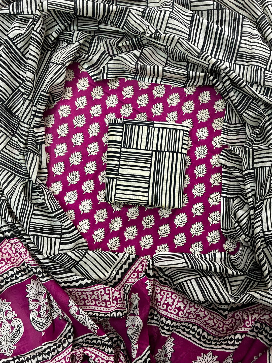 Pure Cotton Hand Block Print Unstitched Suit With Cotton Dupatta .