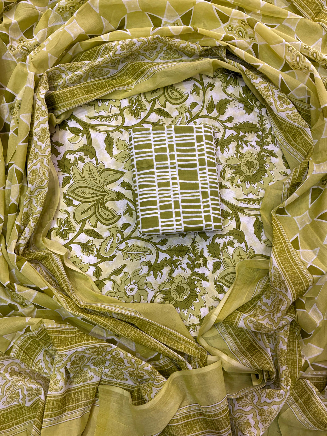 Pure Cotton Hand Block Print Unstitched Suit With Cotton Dupatta .