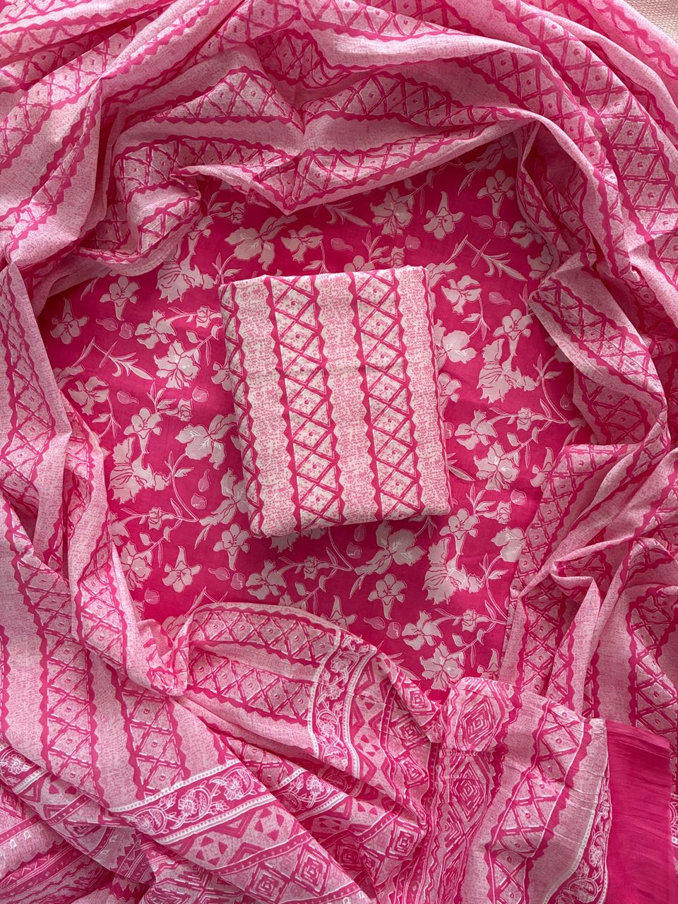 Pure Cotton Hand Block Print Unstitched Suit With Cotton Dupatta .