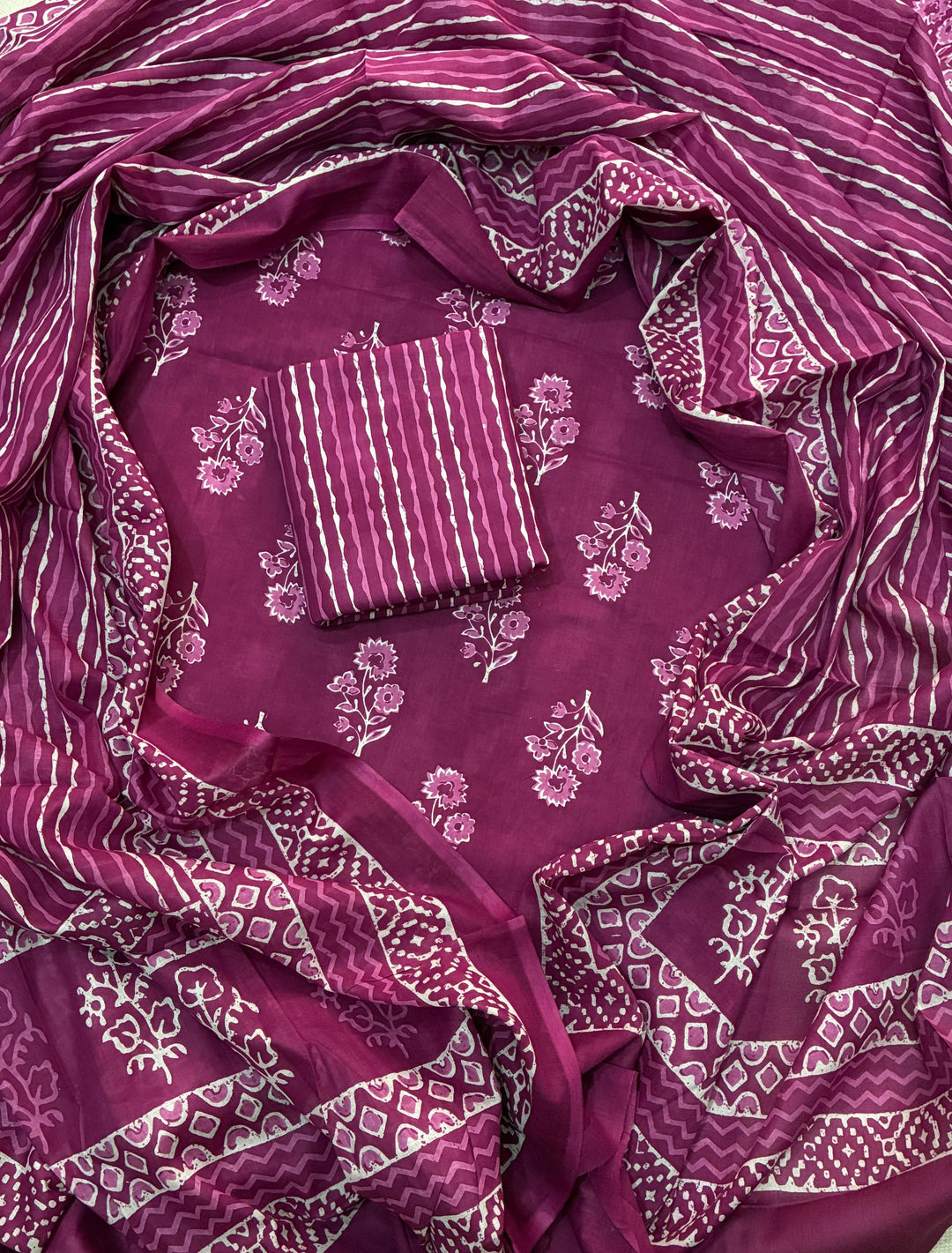 Pure Cotton Hand Block Print Unstitched Suit With Cotton Dupatta .
