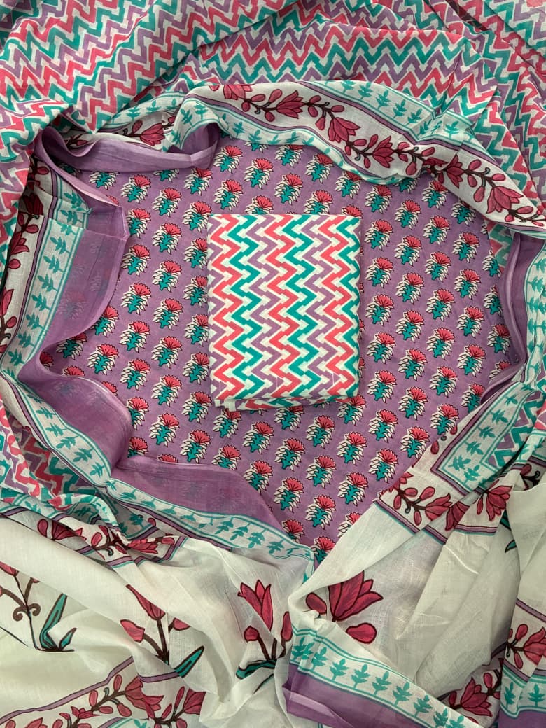 Pure Cotton Hand Block Print Unstitched Suit With Cotton Dupatta .