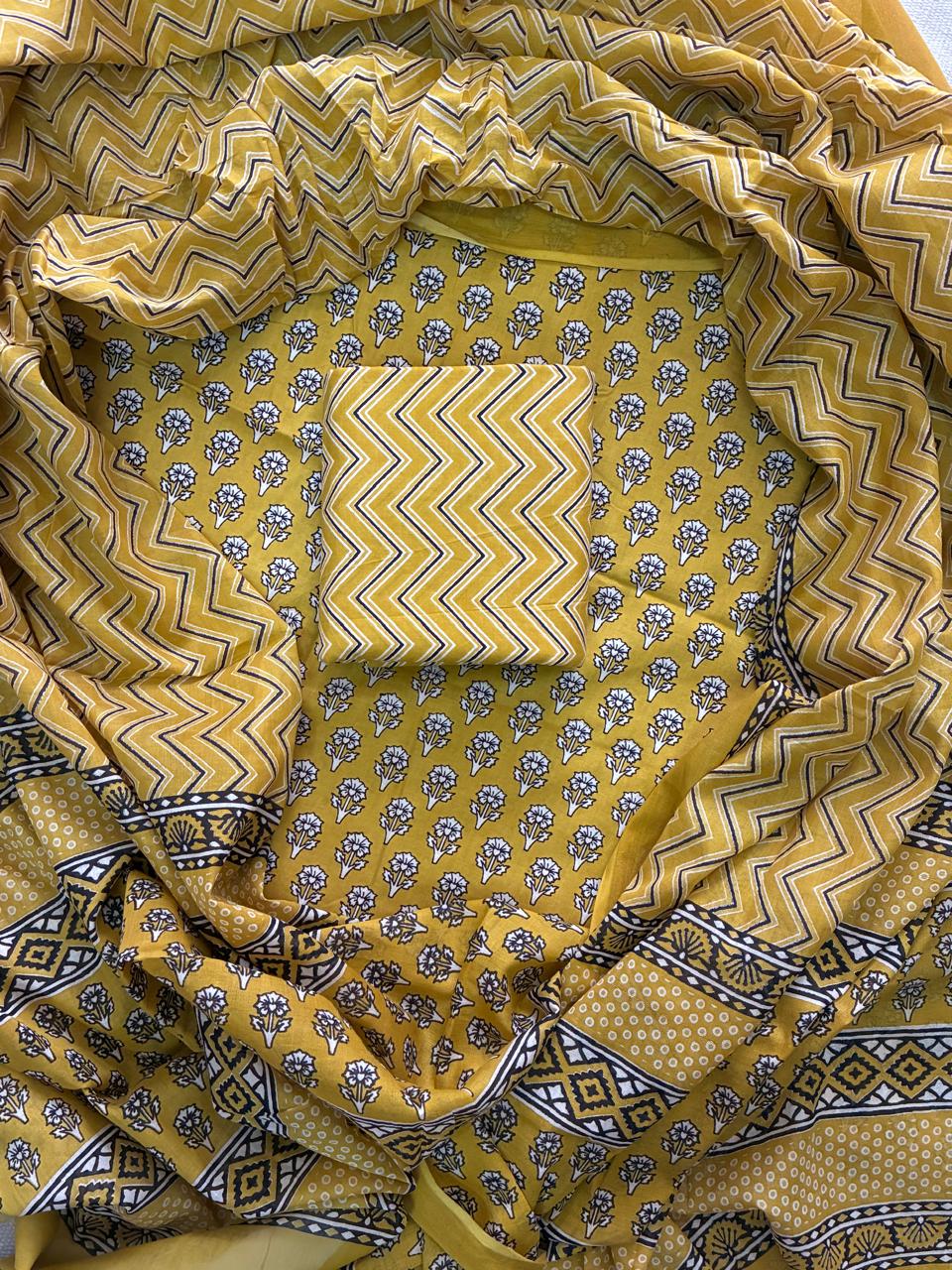 Pure Cotton Hand Block Print Unstitched Suit With Cotton Dupatta .