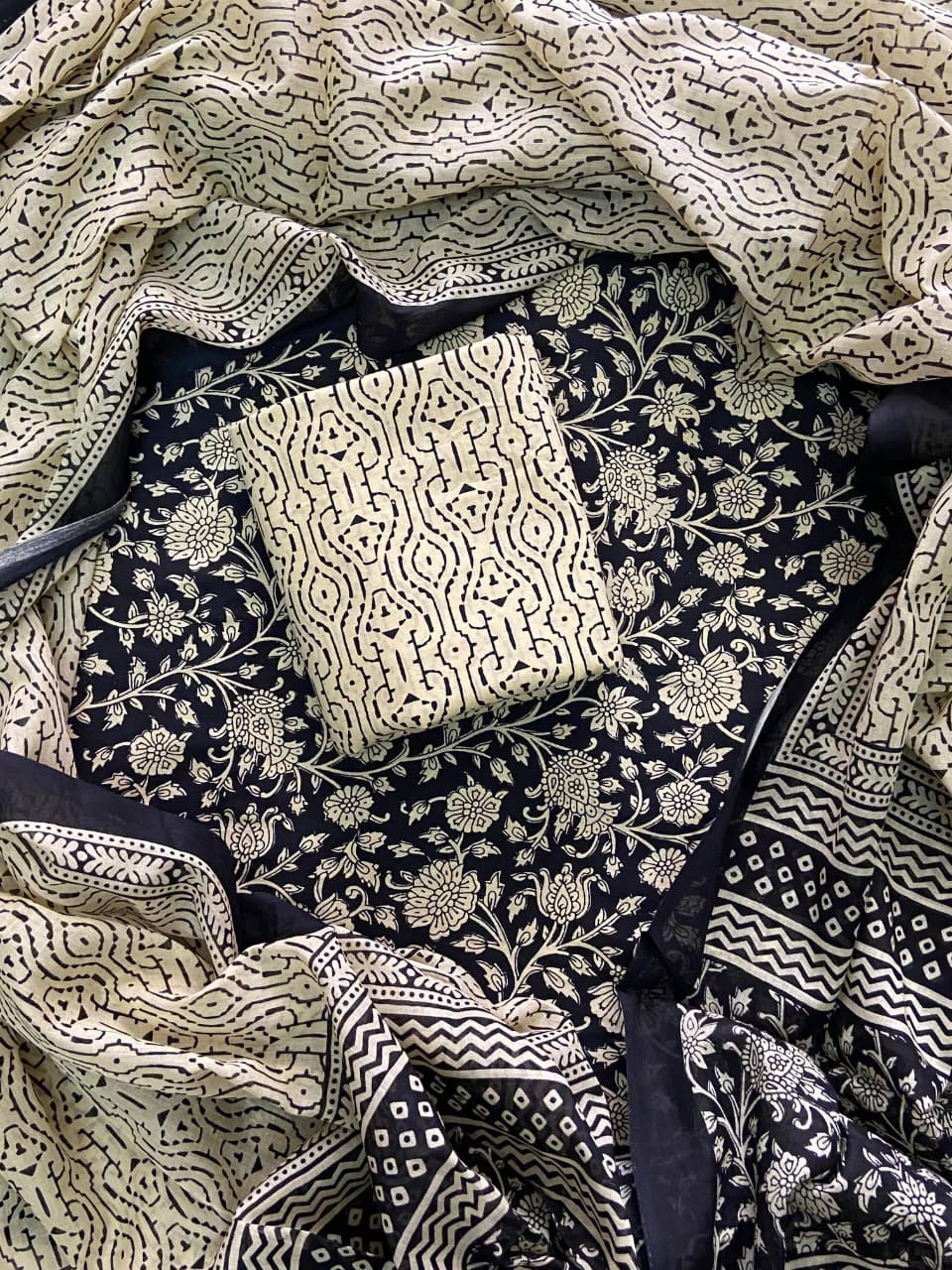Pure Cotton Hand Block Print Unstitched Suit With Cotton Dupatta .
