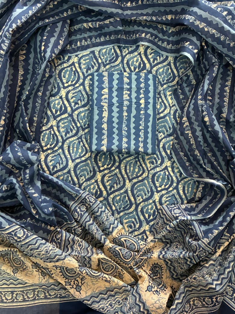 Pure Cotton Hand Block Print Unstitched Suit With Cotton Dupatta .