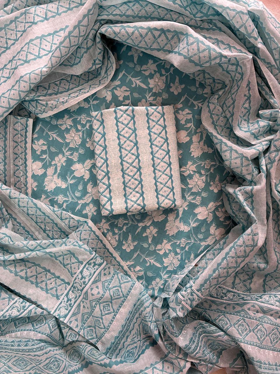 Pure Cotton Hand Block Print Unstitched Suit With Cotton Dupatta .