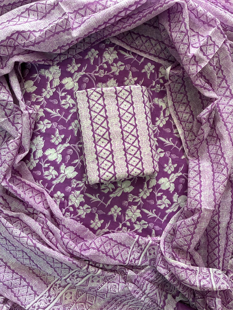 Pure Cotton Hand Block Print Unstitched Suit With Cotton Dupatta .