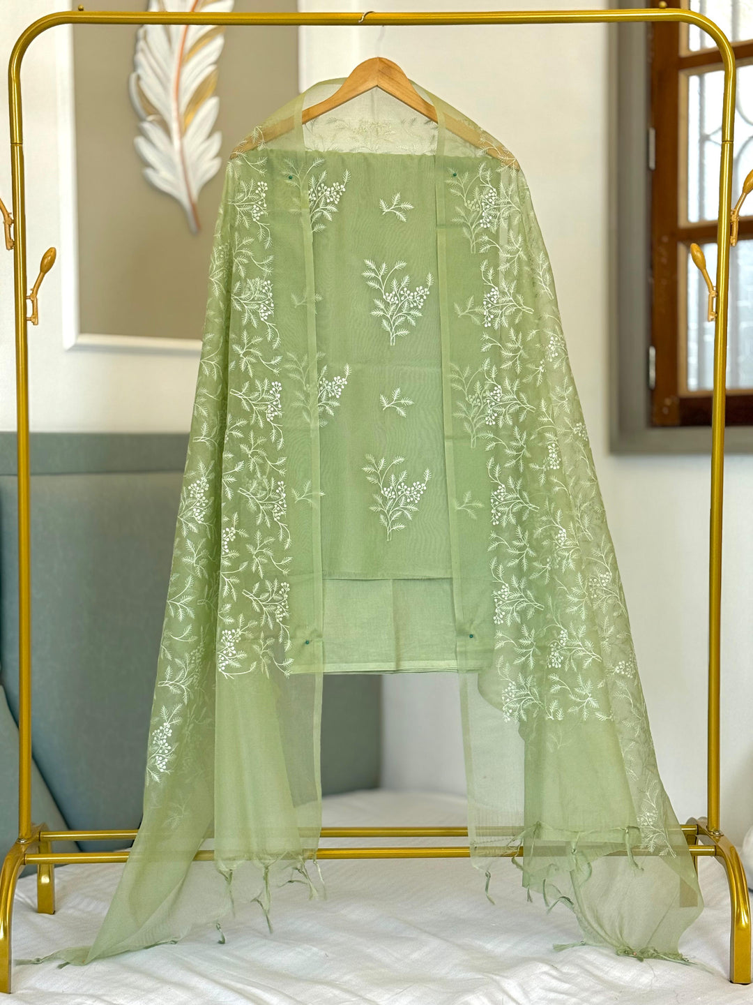 Organza Thread Embroidery Work Unstitched Suit .