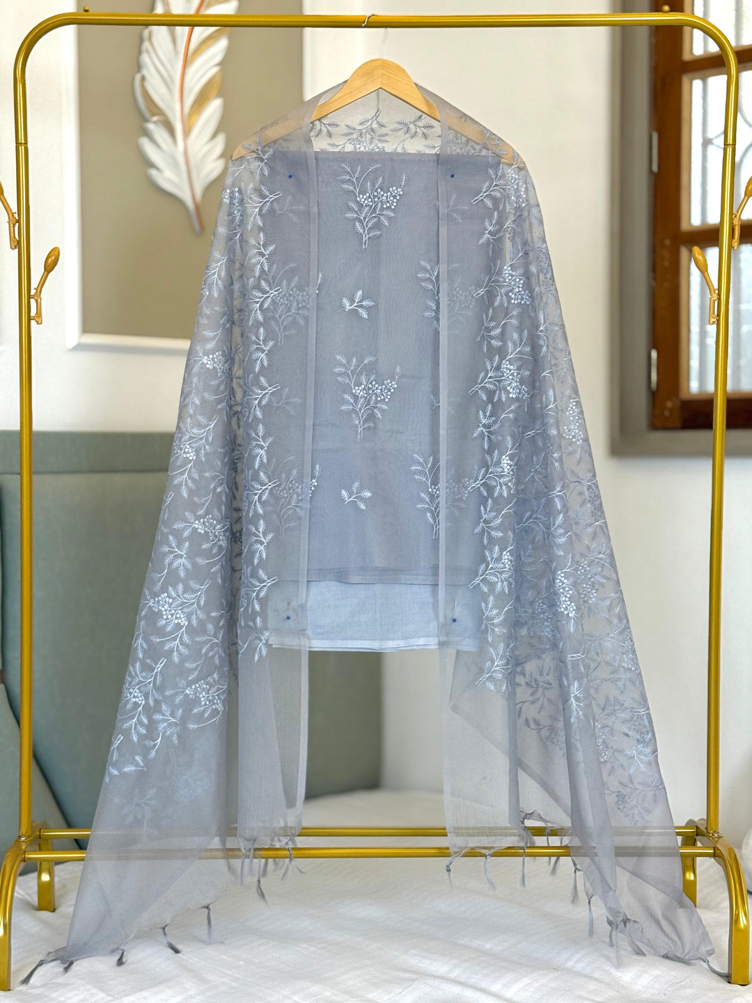 Organza Thread Embroidery Work Unstitched Suit .