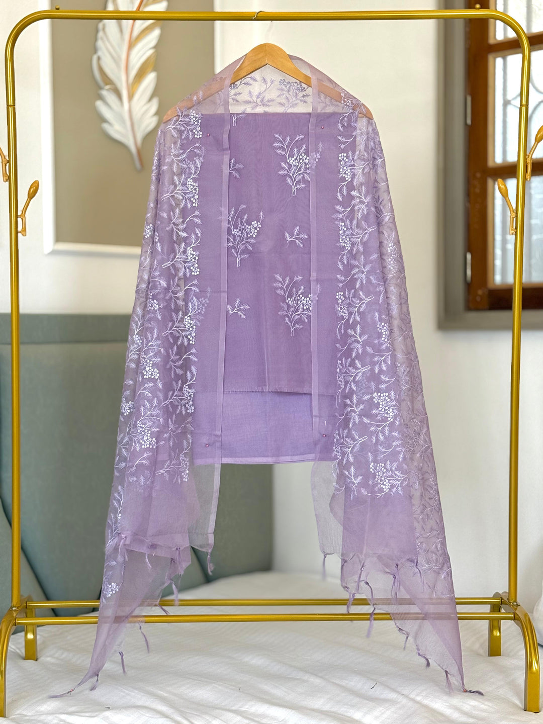 Organza Thread Embroidery Work Unstitched Suit .