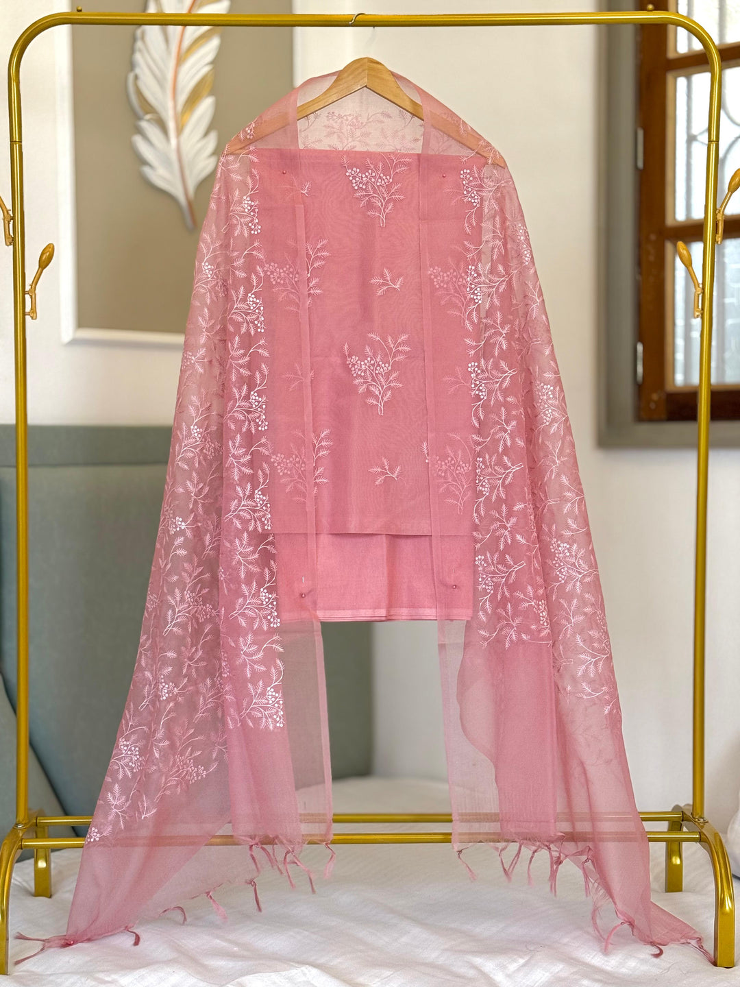 Organza Thread Embroidery Work Unstitched Suit .