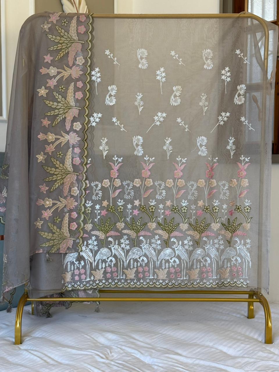 Pure Organza Tissue Applique Embroidery Work Unstitched Suit.