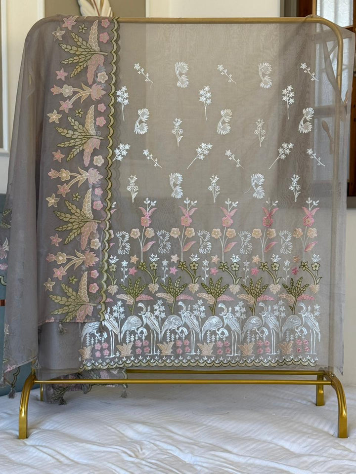 Pure Organza Tissue Applique Embroidery Work Unstitched Suit.