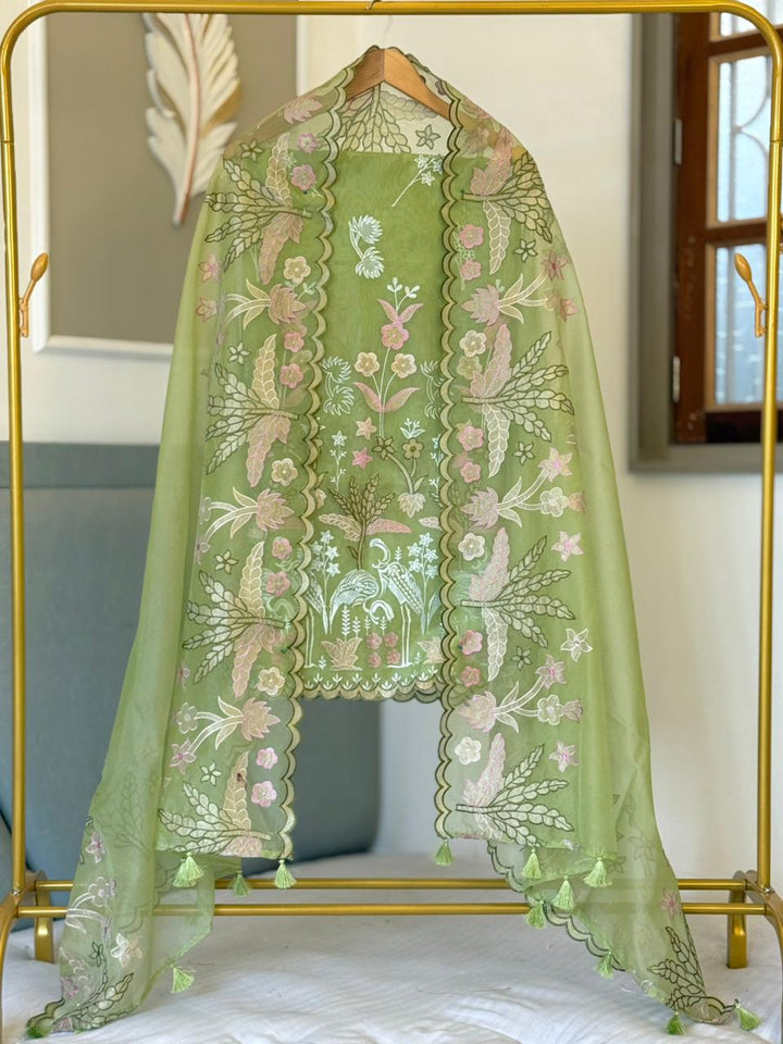 Pure Organza Tissue Applique Embroidery Work Unstitched Suit.