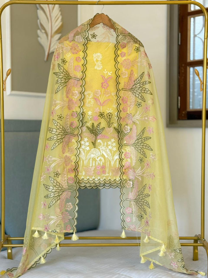 Pure Organza Tissue Applique Embroidery Work Unstitched Suit.