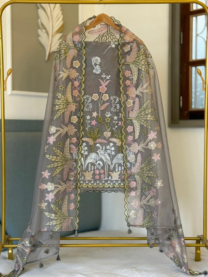 Pure Organza Tissue Applique Embroidery Work Unstitched Suit.