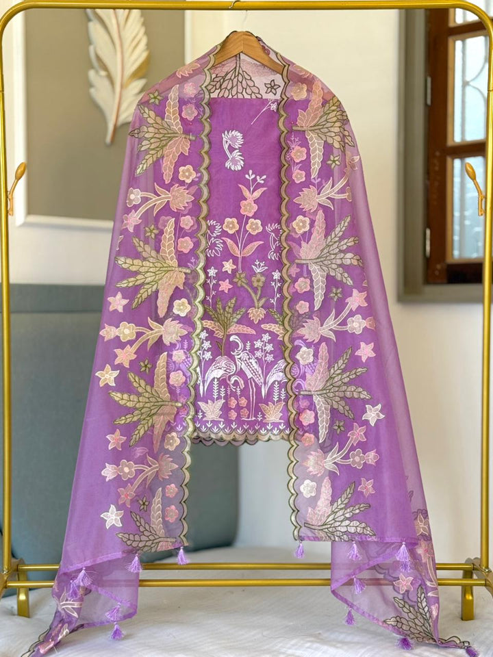 Pure Organza Tissue Applique Embroidery Work Unstitched Suit.