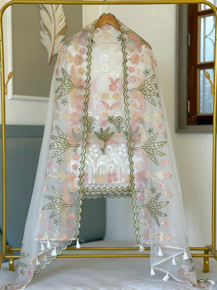 Pure Organza Tissue Applique Embroidery Work Unstitched Suit.