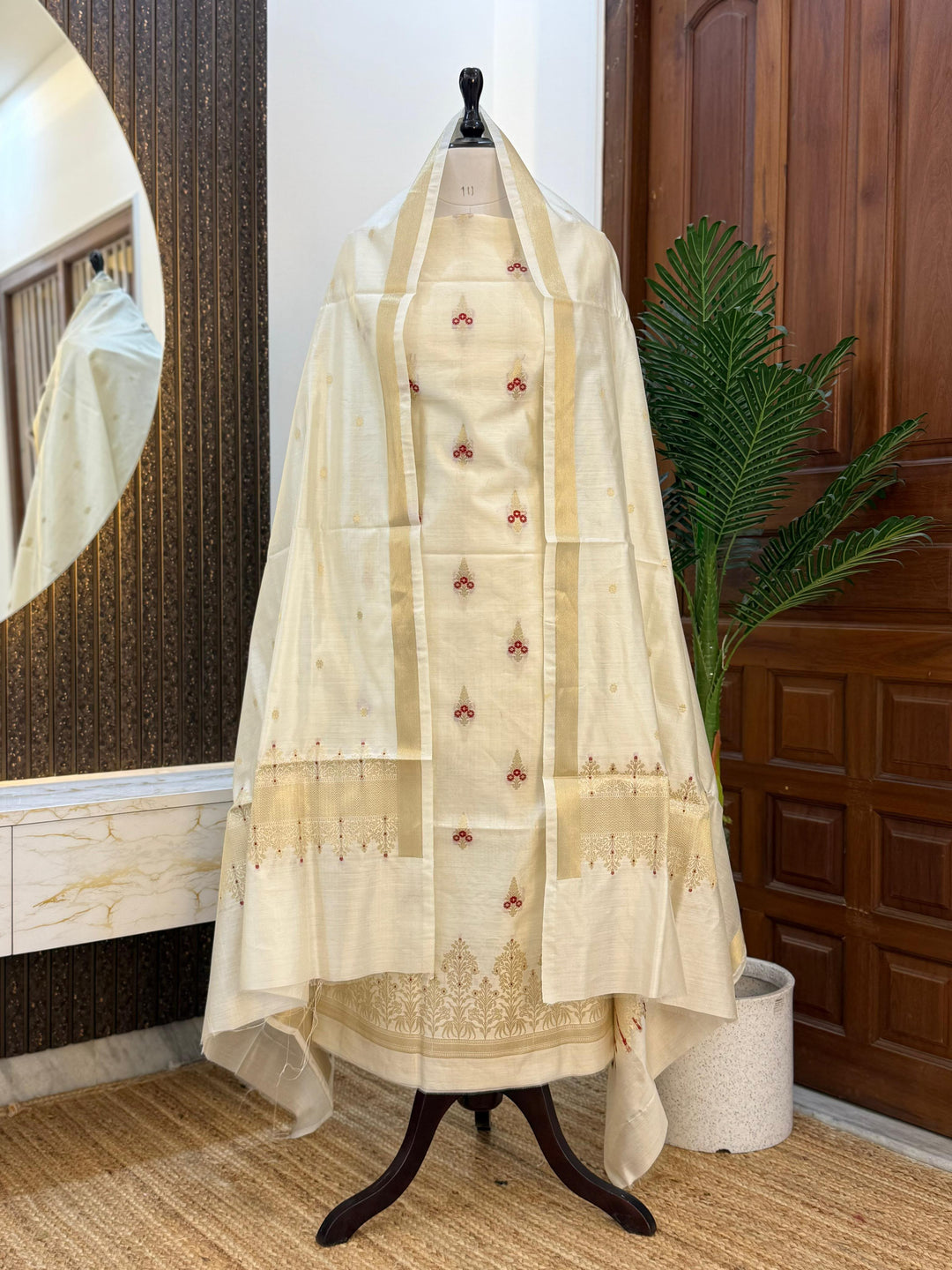 Pure Chinya Zari Work Unstitched Suit With Chinya Jaal Work Dupatta.