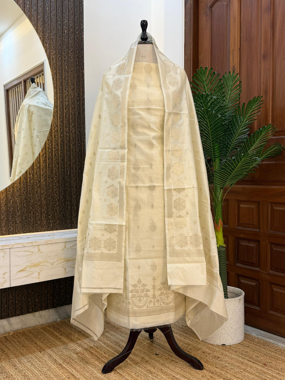 Pure Chinya Zari Work Unstitched Suit With Chinya Jaal Work Dupatta.