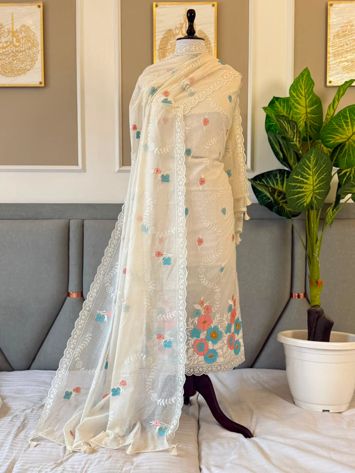 Pure Banarasi Chanderi Silk Embroidery Unstitched Suit With Chanderi Embroidery Dupatta.