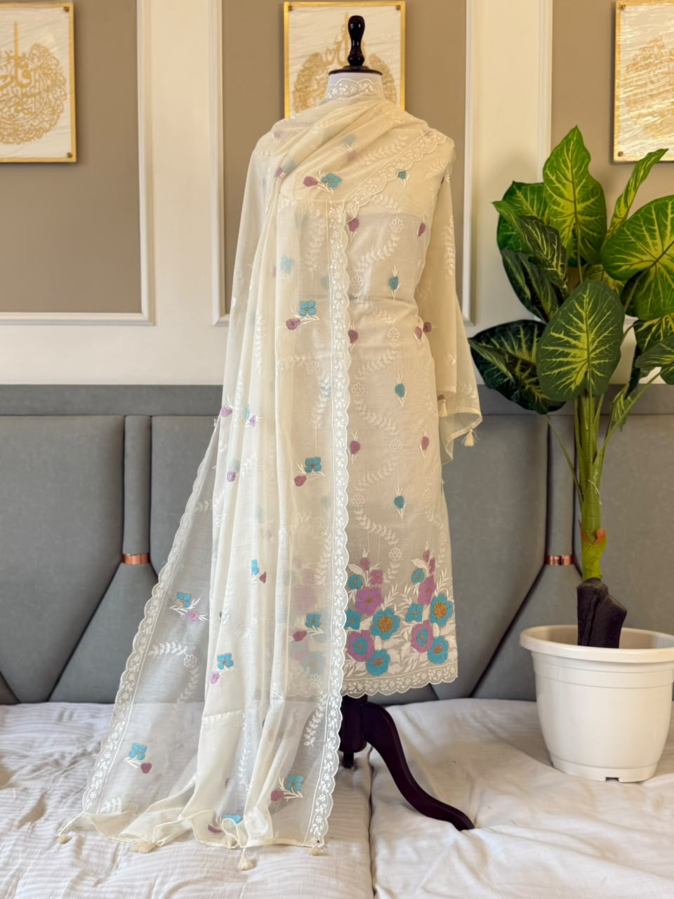 Pure Banarasi Chanderi Silk Embroidery Unstitched Suit With Chanderi Embroidery Dupatta.