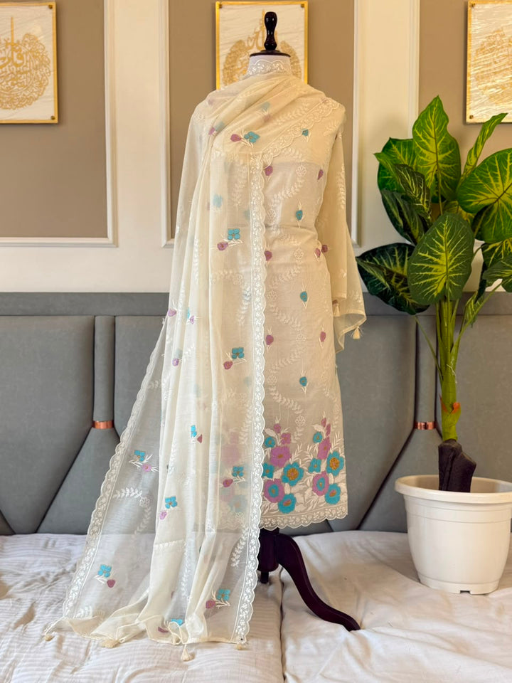 Pure Banarasi Chanderi Silk Embroidery Unstitched Suit With Chanderi Embroidery Dupatta.