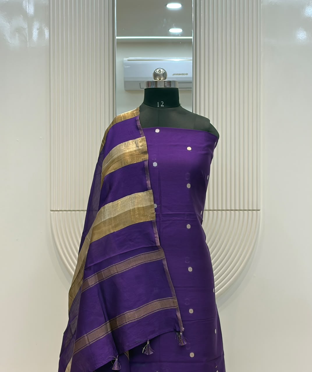 Pure Banarasi Chanderi Silk Unstitched Suit Ganga Jamuna Zari Patti dupatta