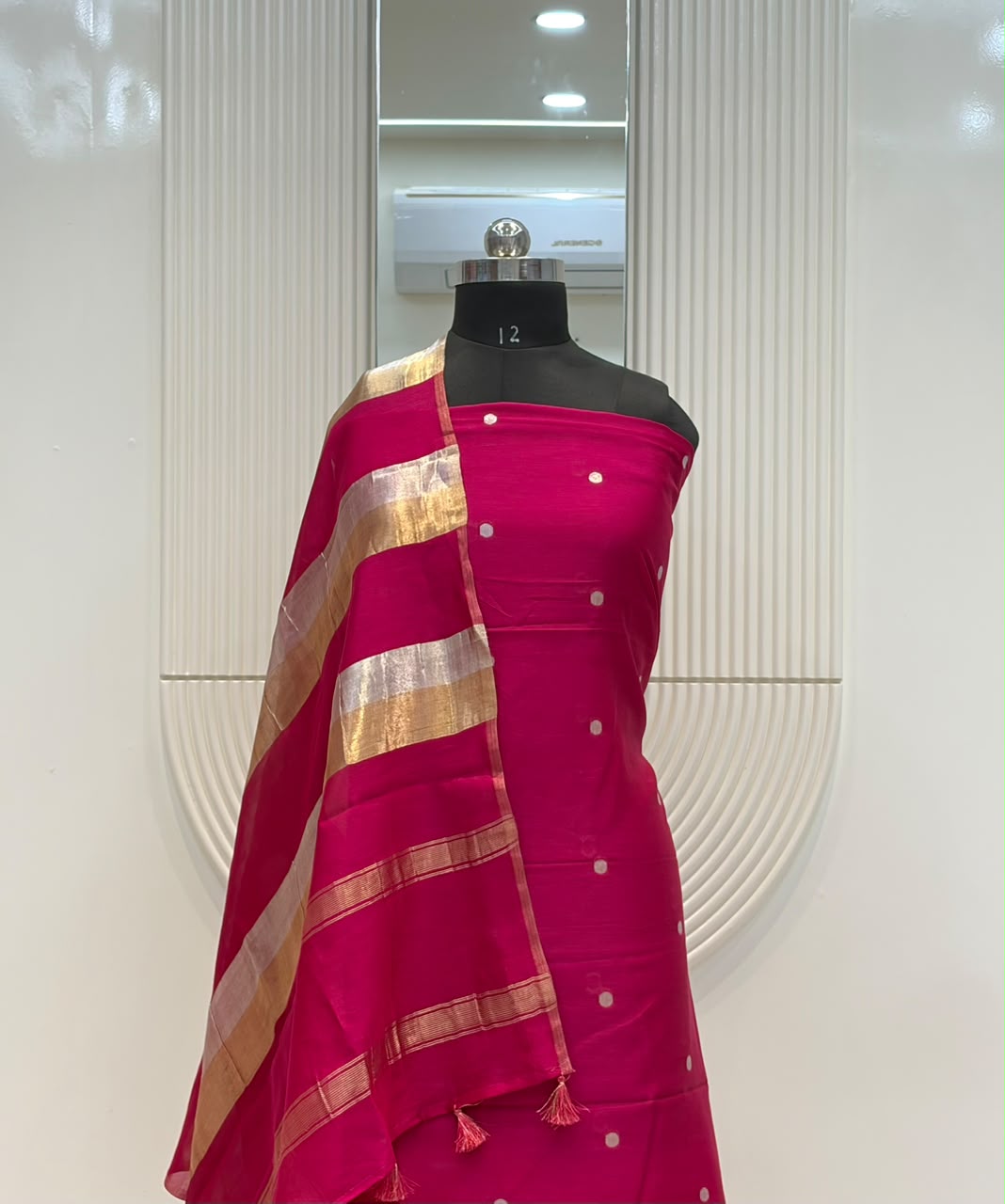 Pure Banarasi Chanderi Silk Unstitched Suit Ganga Jamuna Zari Patti dupatta
