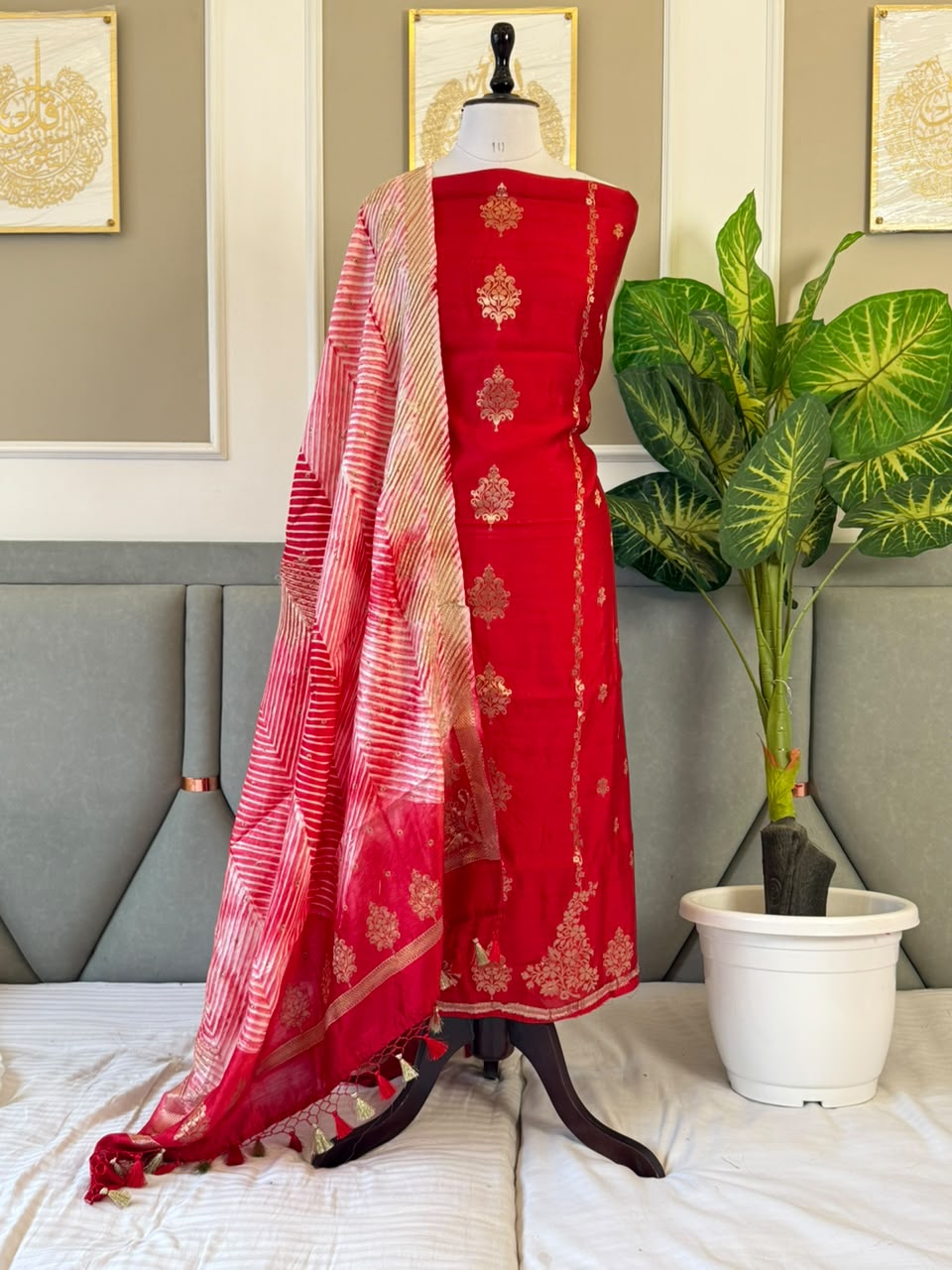 Pure Chinya Zari Work Unstitched Suit With Chinya zari work Bandhni prnit Dupatta.