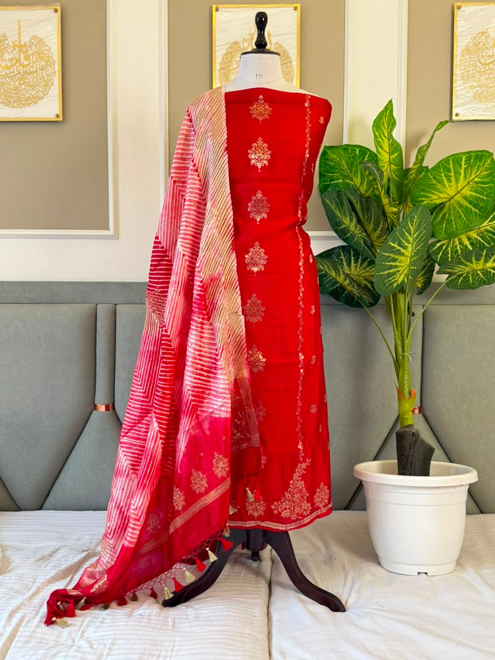Pure Chinya Zari Work Unstitched Suit With Chinya zari work Bandhni prnit Dupatta.