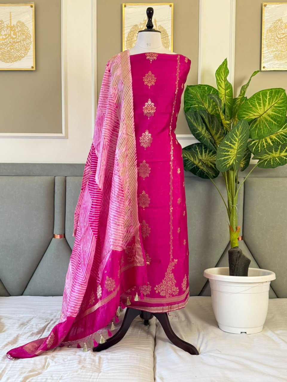 Pure Chinya Zari Work Unstitched Suit With Chinya zari work Bandhni prnit Dupatta.