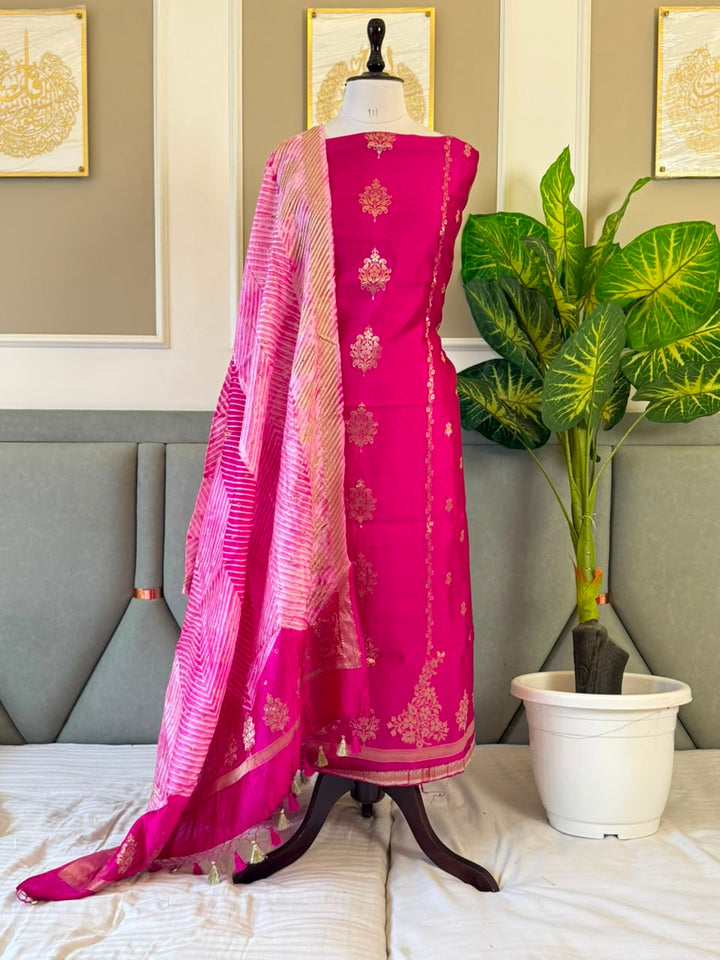 Pure Chinya Zari Work Unstitched Suit With Chinya zari work Bandhni prnit Dupatta.