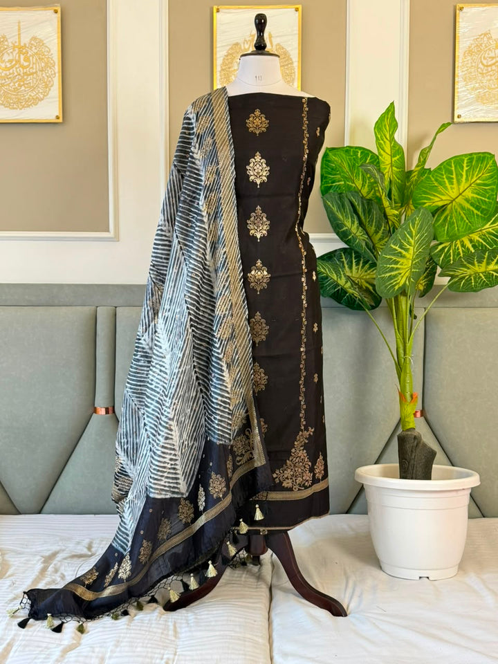 Pure Chinya Zari Work Unstitched Suit With Chinya zari work Bandhni prnit Dupatta.