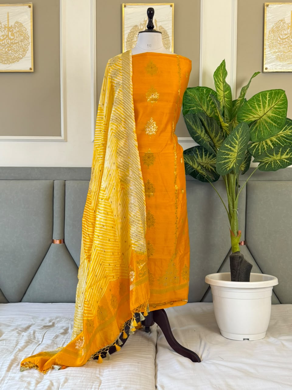 Pure Chinya Zari Work Unstitched Suit With Chinya zari work Bandhni prnit Dupatta.