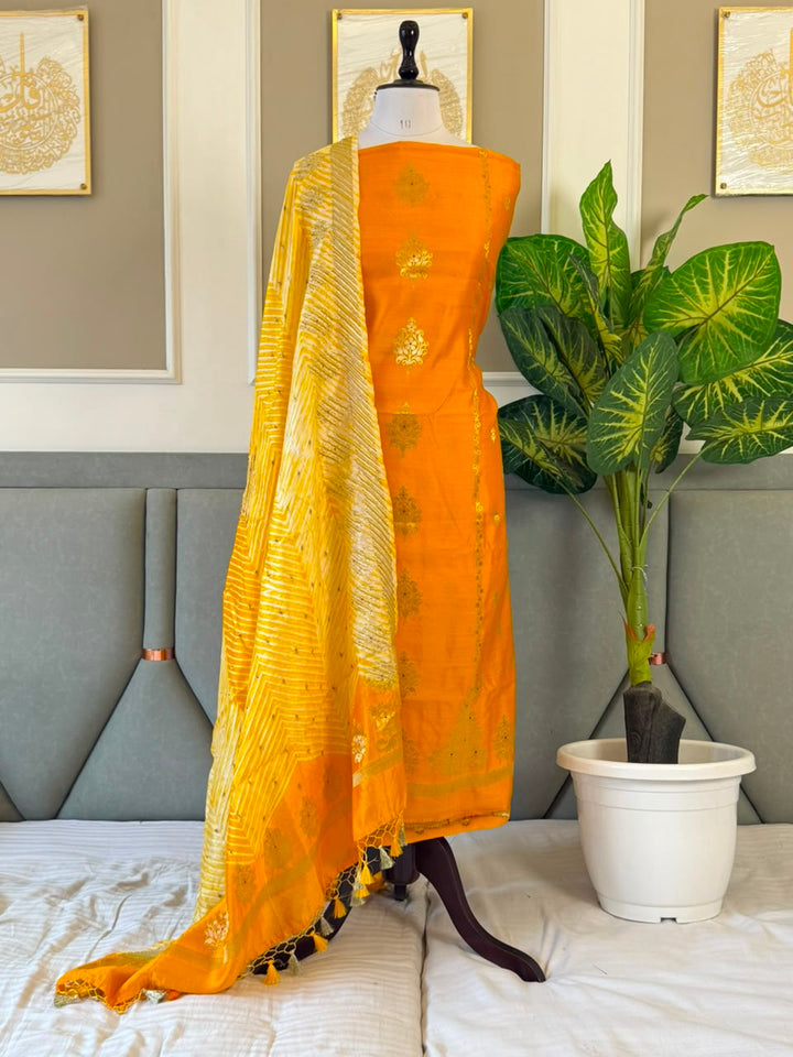 Pure Chinya Zari Work Unstitched Suit With Chinya zari work Bandhni prnit Dupatta.