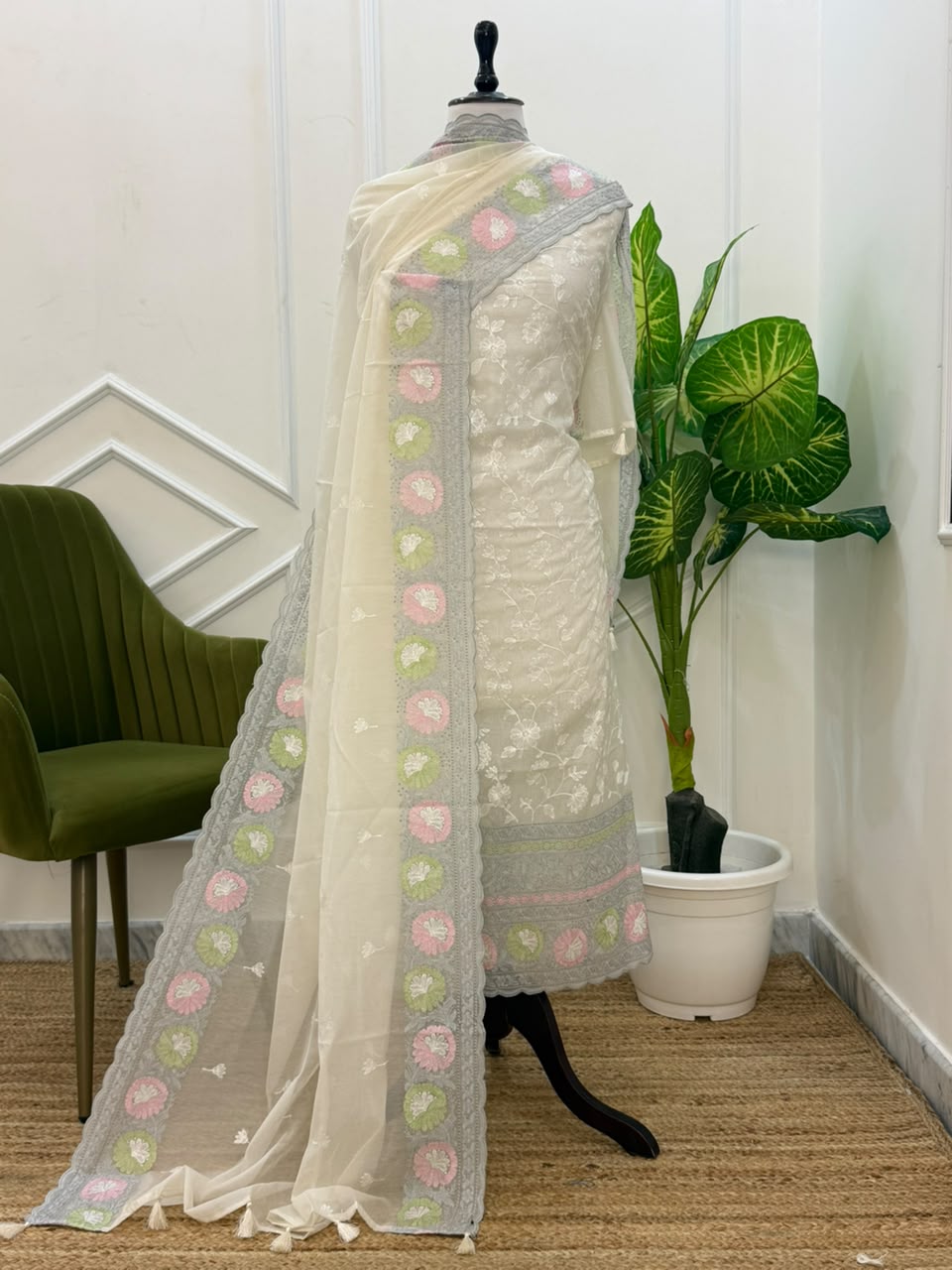 Pure Banarasi Chanderi Silk Embroidery Unstitched Suit With Chanderi Embroidery Dupatta.