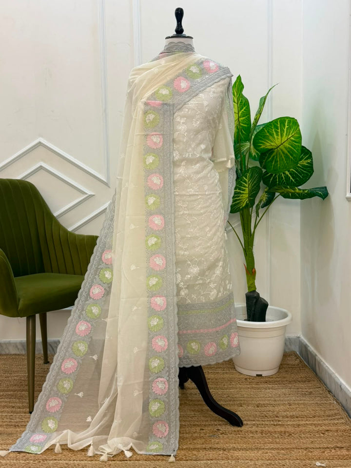 Pure Banarasi Chanderi Silk Embroidery Unstitched Suit With Chanderi Embroidery Dupatta.
