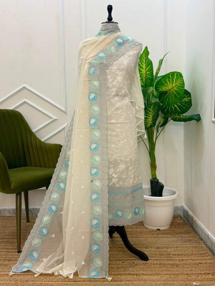 Pure Banarasi Chanderi Silk Embroidery Unstitched Suit With Chanderi Embroidery Dupatta.