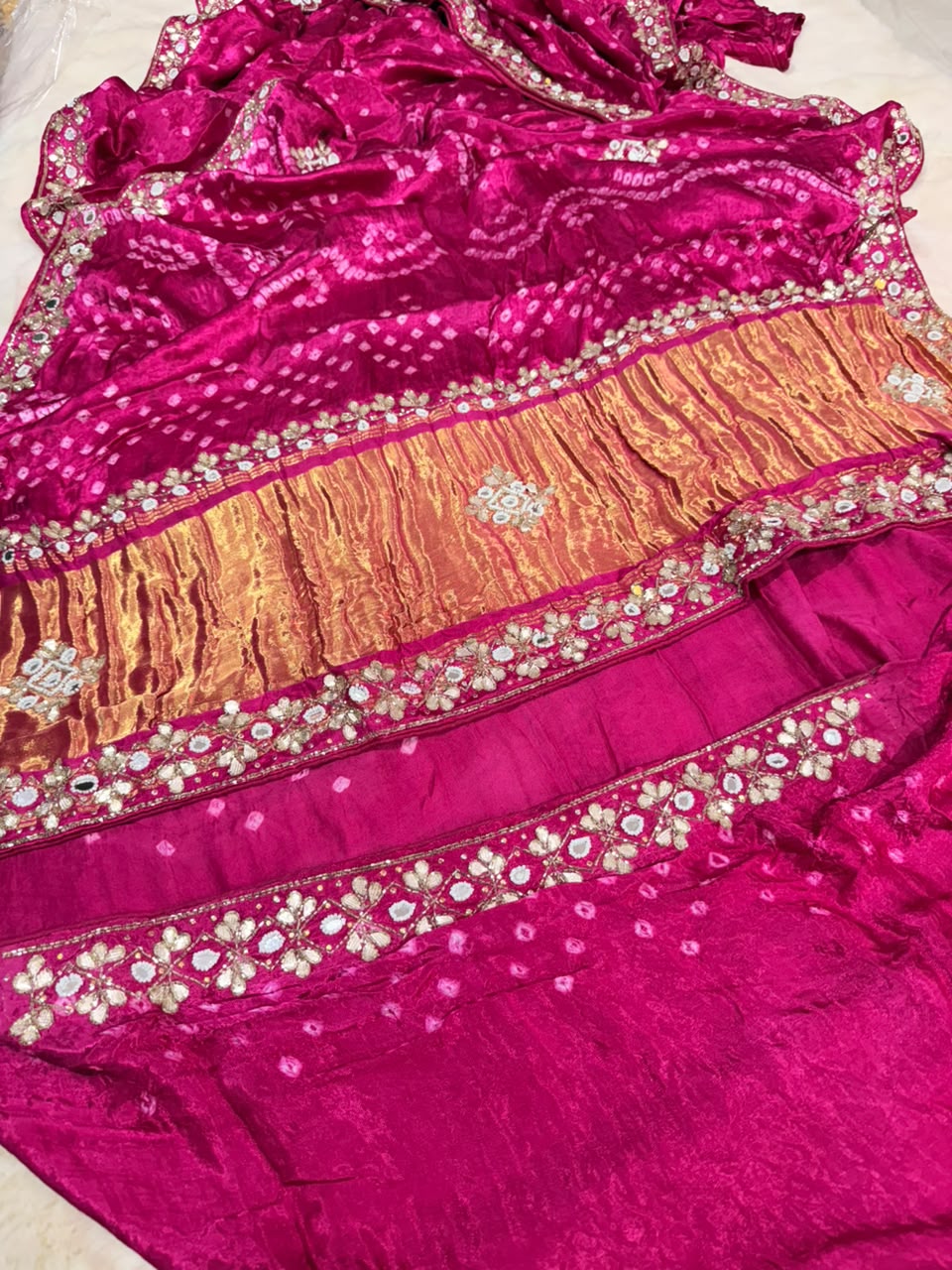 Pure Gajji Silk Saree With Bareek Bandhej and Zari Palla