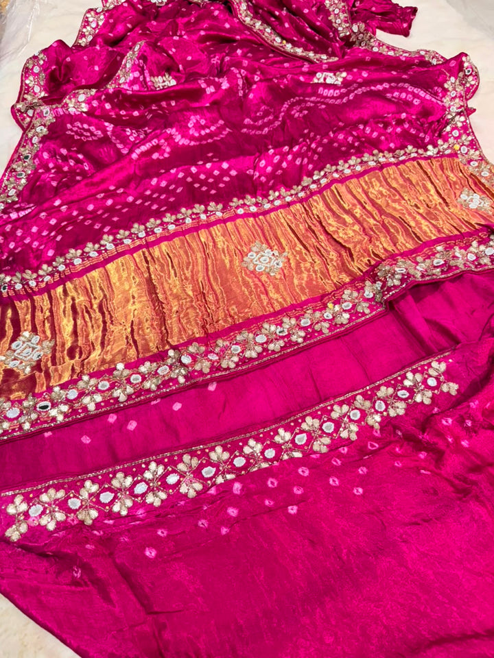 Pure Gajji Silk Saree With Bareek Bandhej and Zari Palla