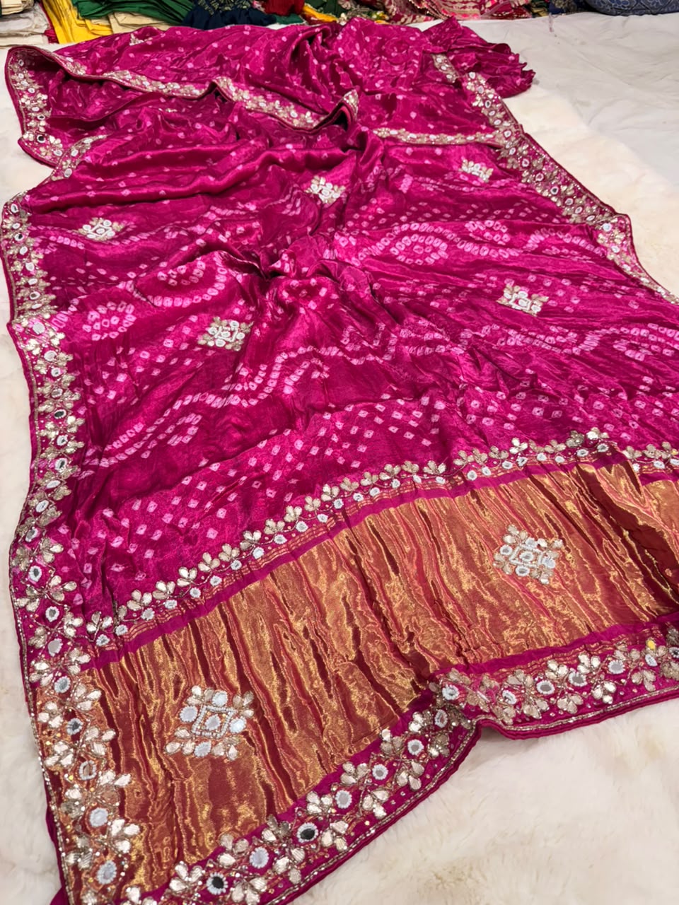 Pure Gajji Silk Saree With Bareek Bandhej and Zari Palla