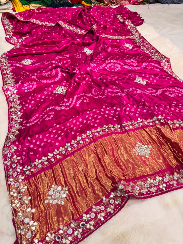 Pure Gajji Silk Saree With Bareek Bandhej and Zari Palla